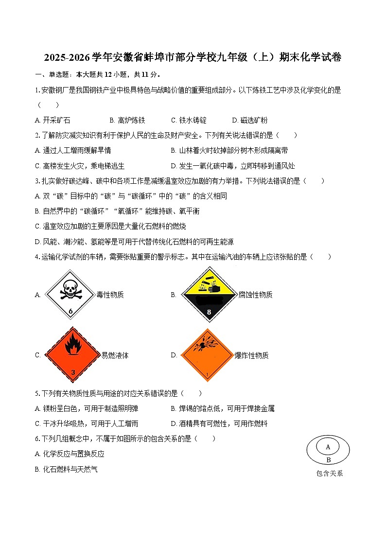 2025-2026学年安徽省蚌埠市部分学校九年级（上）期末化学试卷-自定义类型第1页