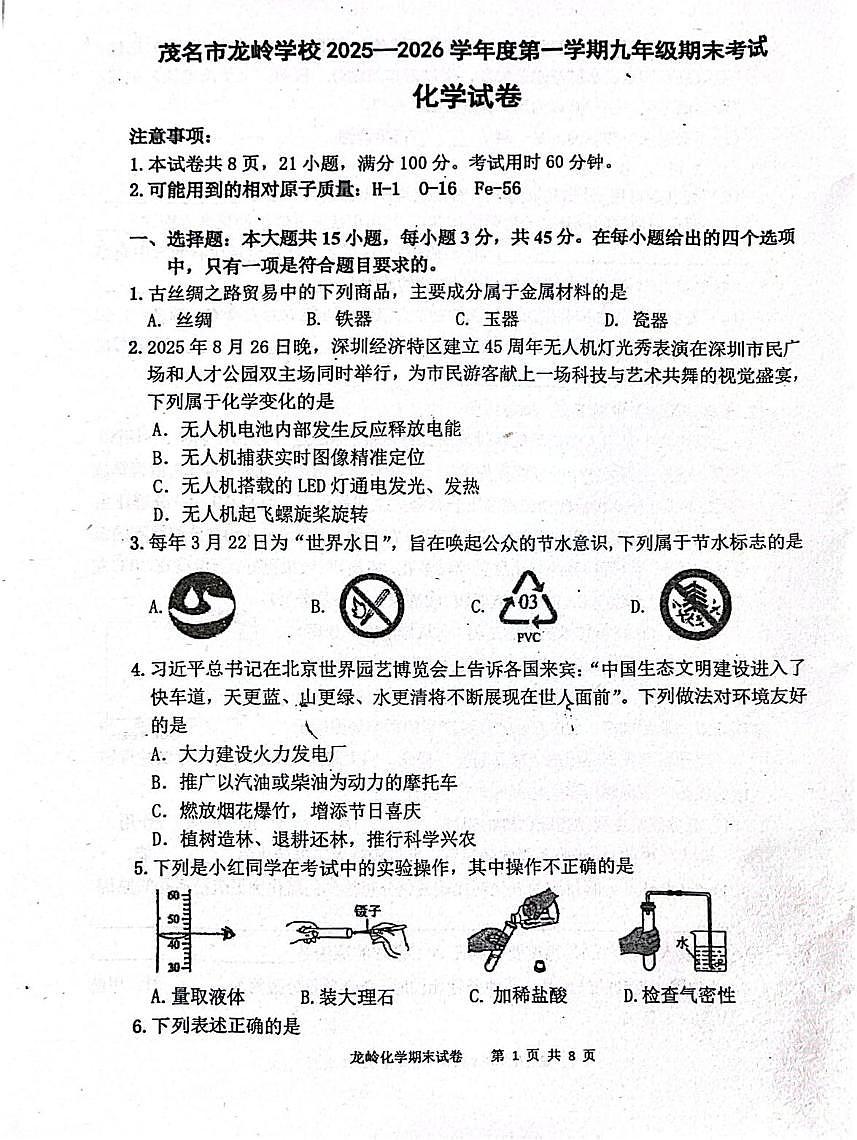 广东省茂名市龙岭学校2025-2026学年九年级上学期1月期末化学试题第1页