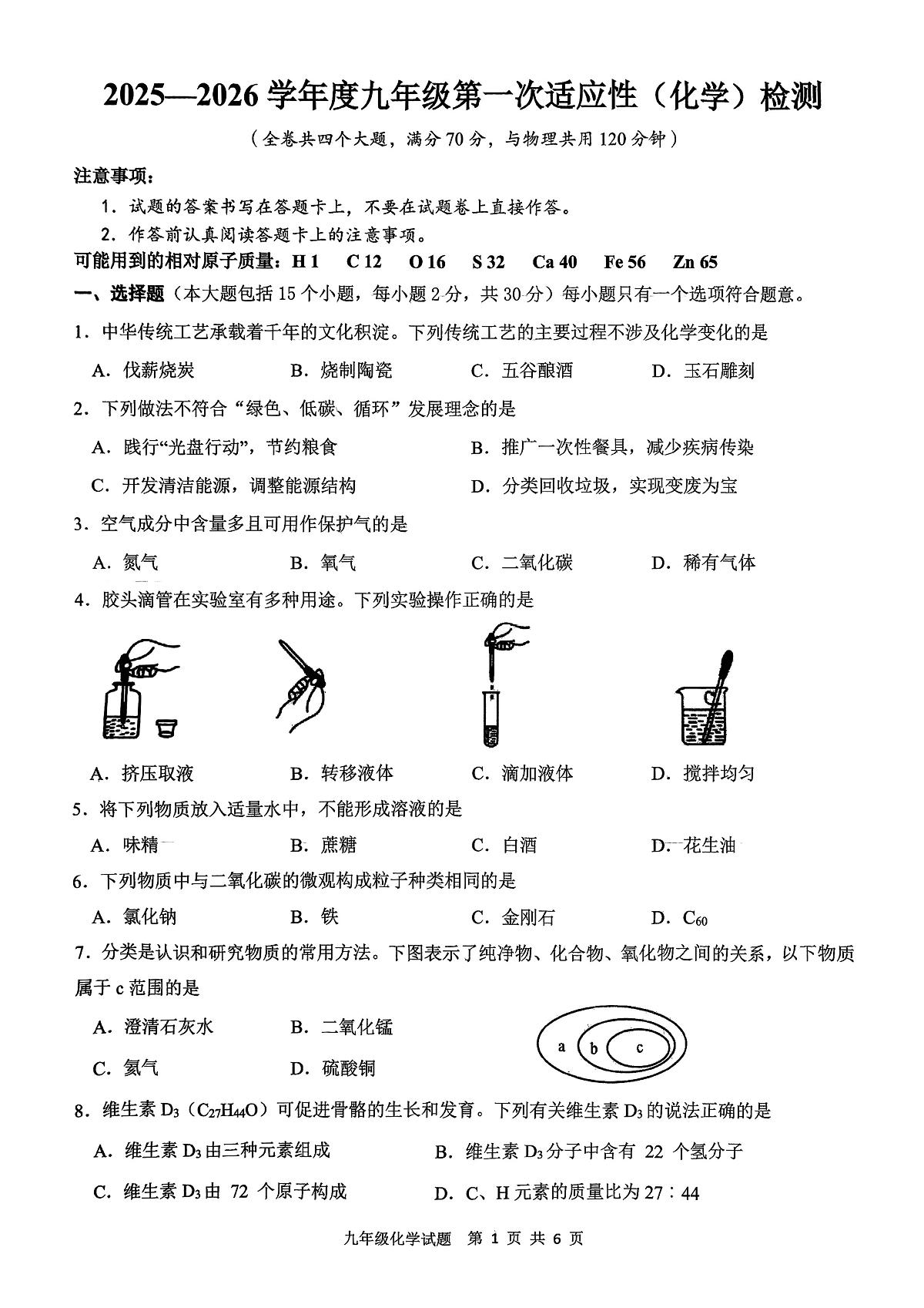 重庆市大渡口区2025-2026学年九年级上学期期末考试化学试卷第1页
