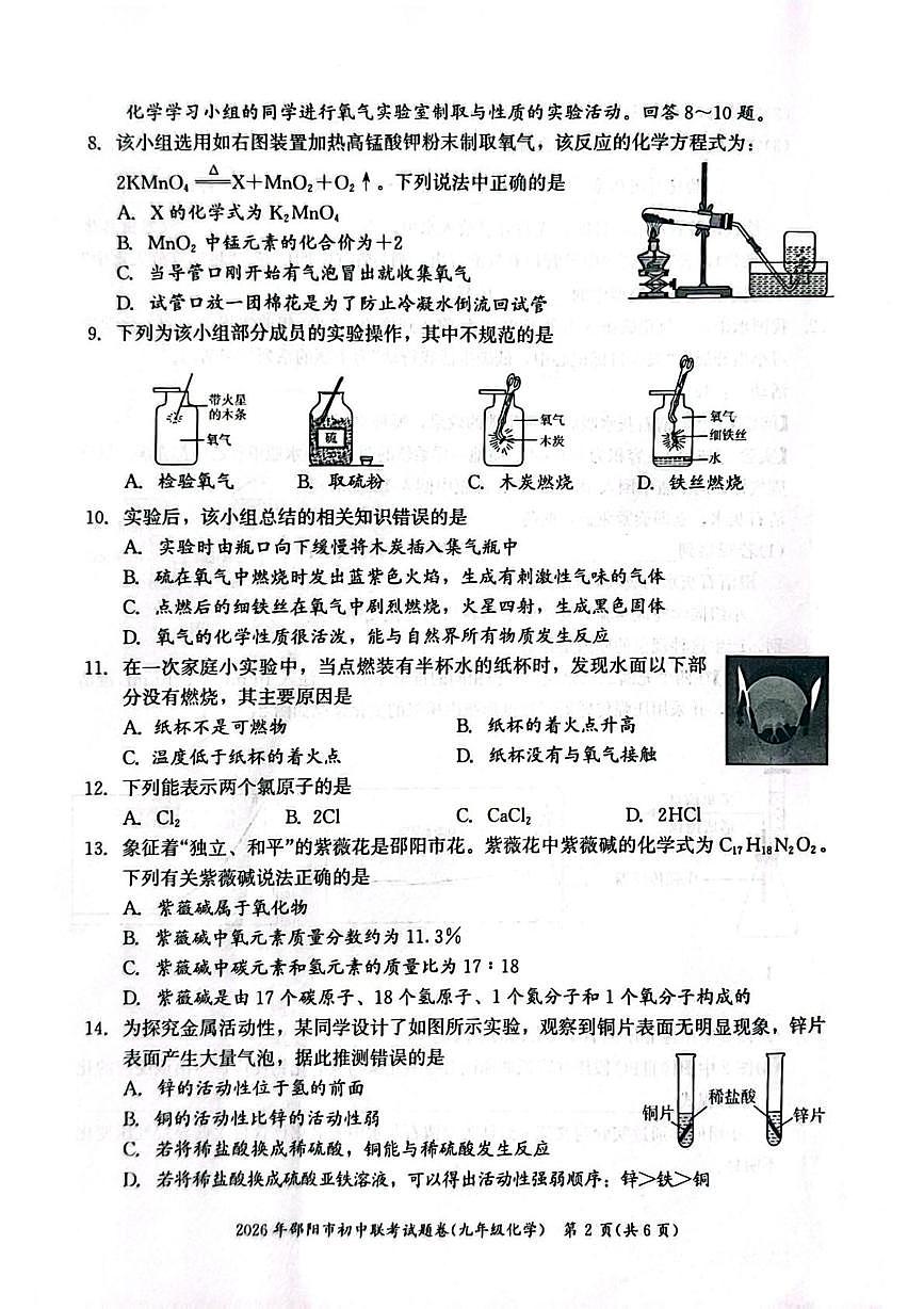 湖南省邵阳市2025-2026学年九年级上学期1月期末联考化学试题第2页