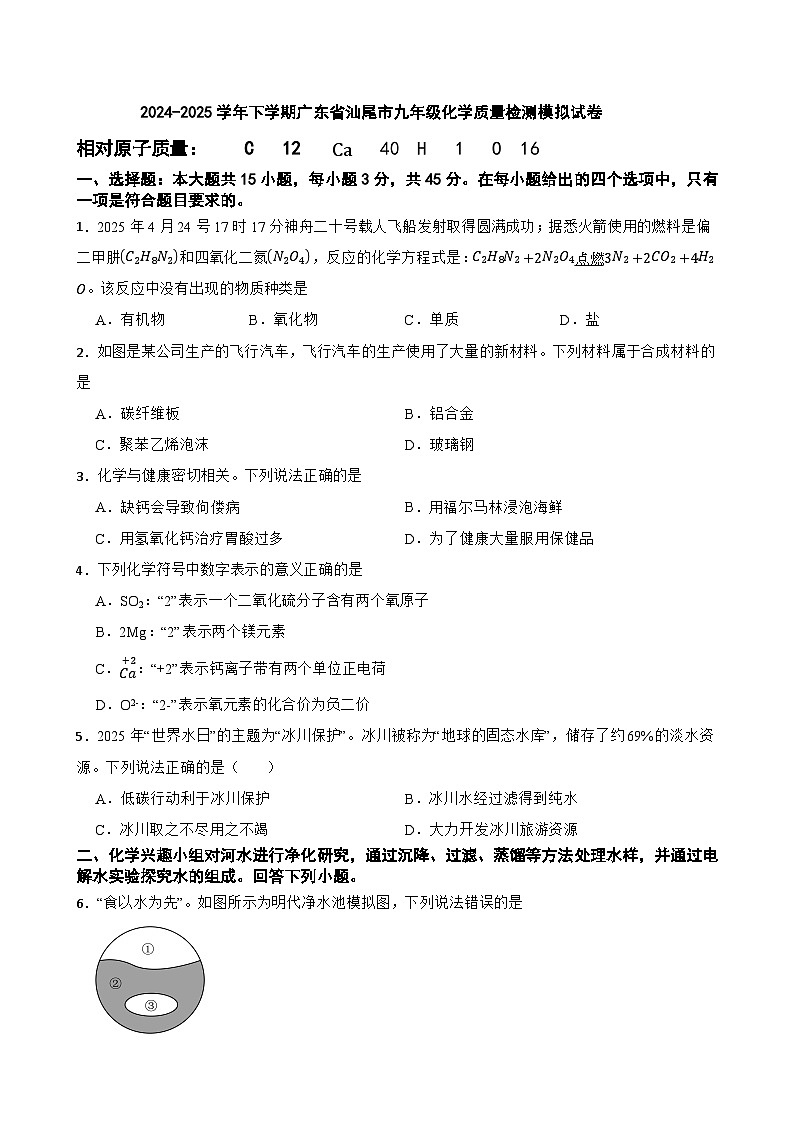 2024-2025学年下学期广东省汕尾市九年级化学质量检测模拟试卷第1页