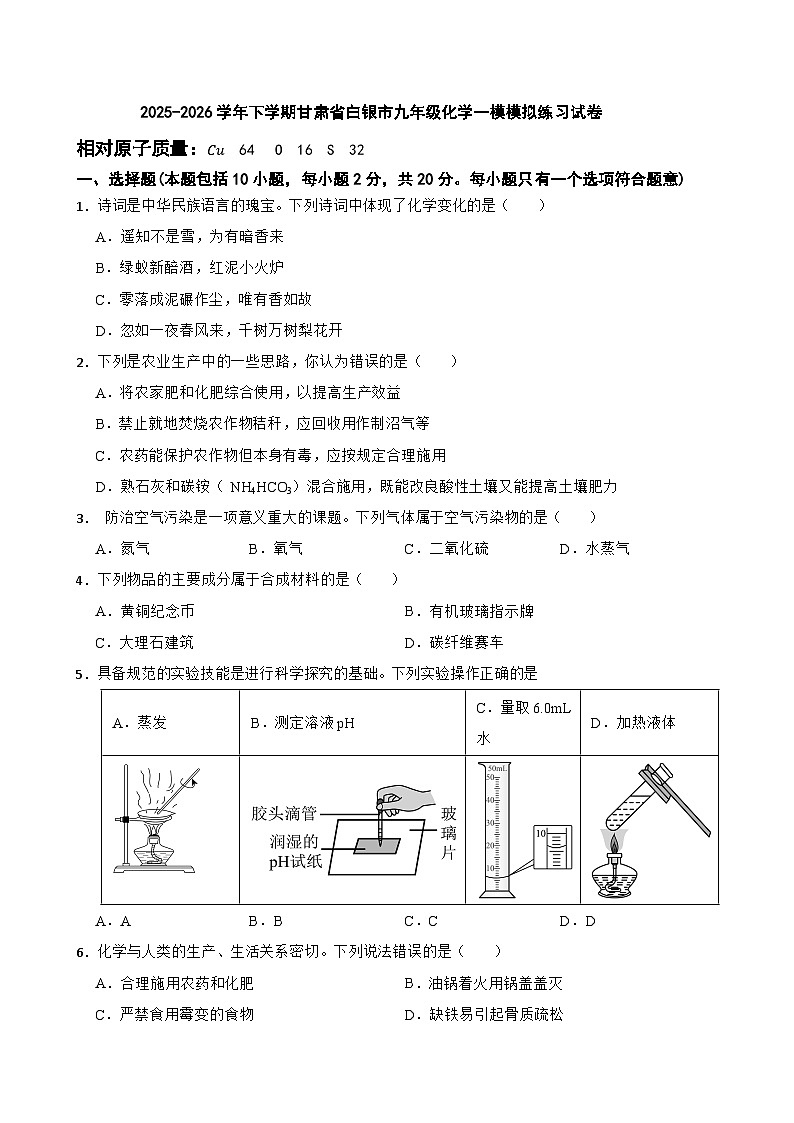 2025-2026学年下学期甘肃省白银市九年级化学一模模拟练习试卷第1页
