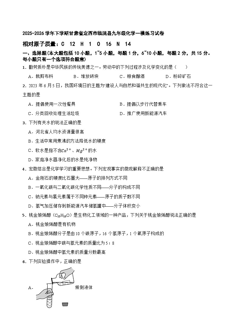 2025-2026学年下学期甘肃省定西市临洮县九年级化学一模练习试卷第1页