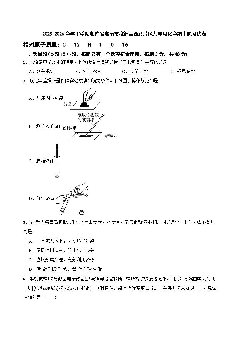 2025-2026学年下学期湖南省常德市桃源县西路片区九年级化学期中练习试卷第1页