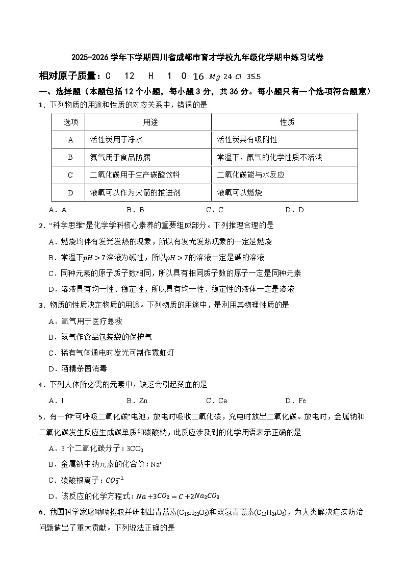 2025-2026学年下学期四川省成都市育才学校九年级化学期中练习试卷第1页