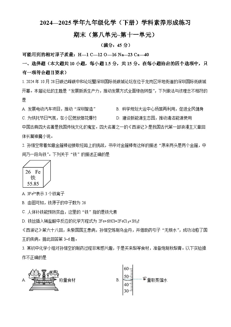 广东省深圳市龙岗区宏扬学校九年级下学期3月月考化学试题-A4第1页