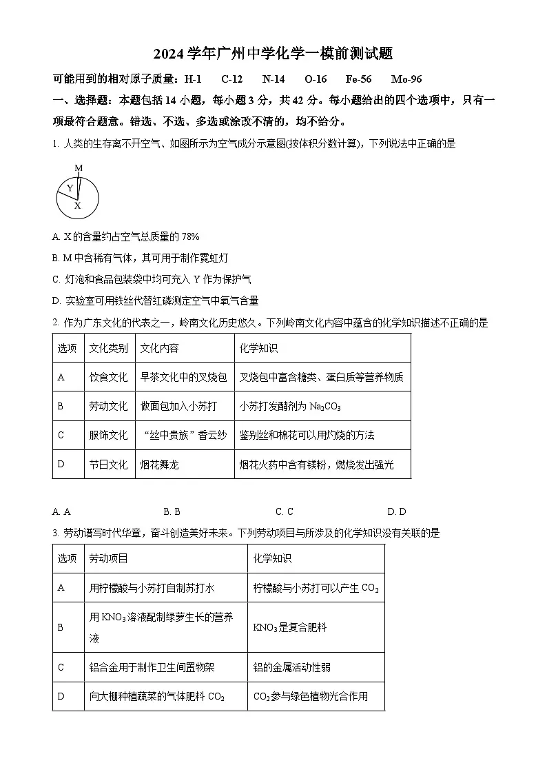 2025年广东省广州中学中考一模考前化学测试题-A4第1页