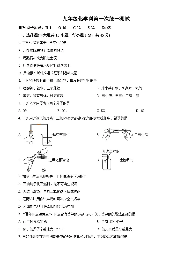 广东省阳江市第一中学实验学校九年级下学期第一次月考化学试题-A4第1页