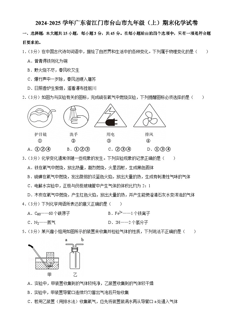 广东省江门市台山市九年级上学期期末考试化学试卷-A4第1页