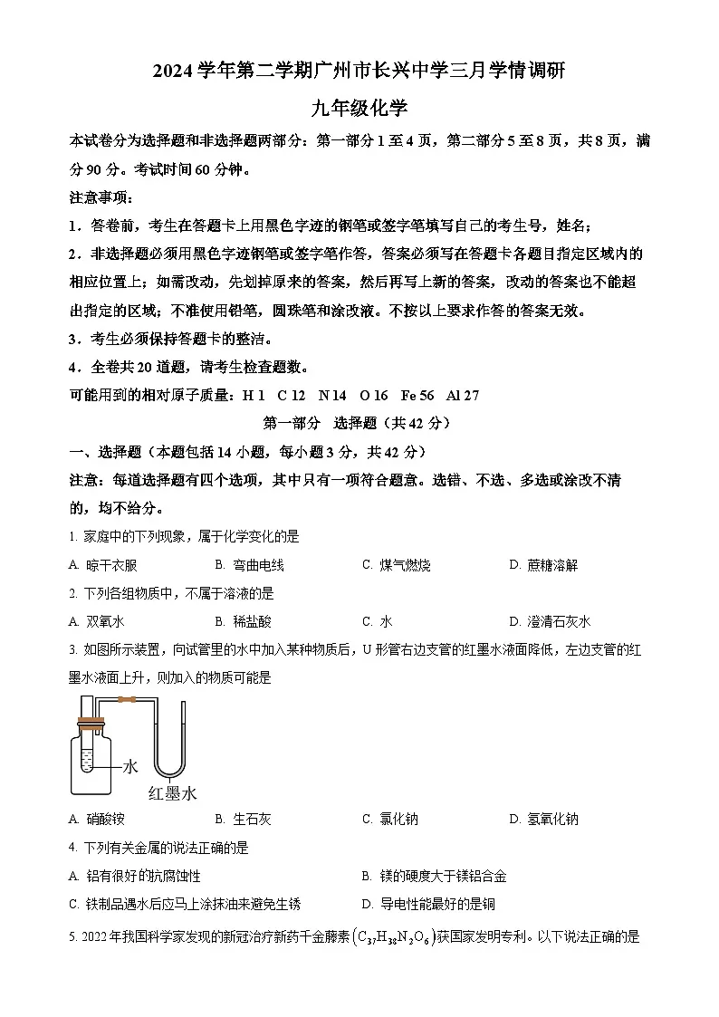 广东省广州市长兴中学九年级下学期3月月考化学试题-A4第1页