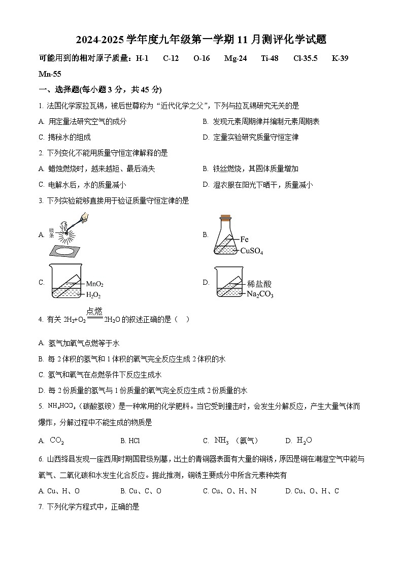 广东省阳江市第一实验学校九年级上学期11月月考化学试题-A4第1页