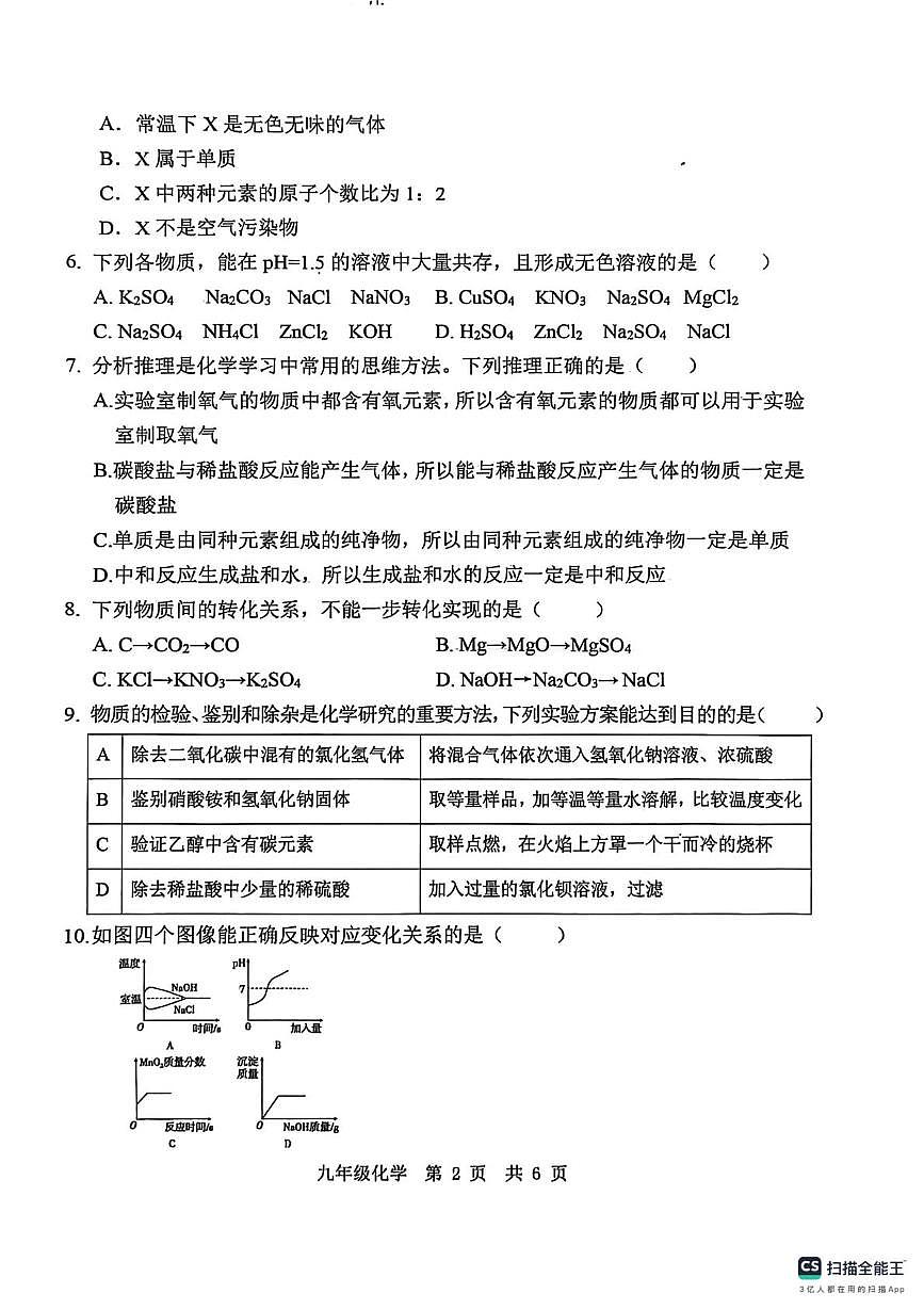山东省济宁市泗水县2025-2026学年九年级上学期1月期末考试化学试题第2页