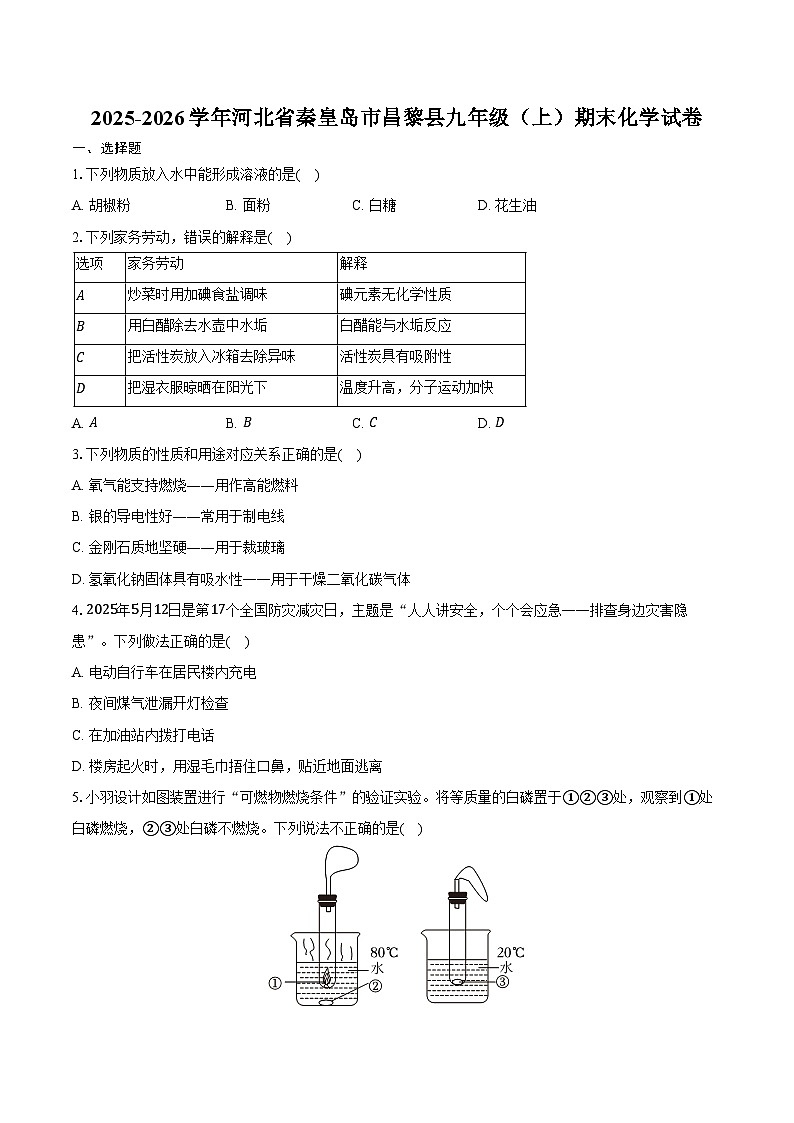 2025-2026学年河北省秦皇岛市昌黎县九年级（上）期末化学试卷（含答案）第1页