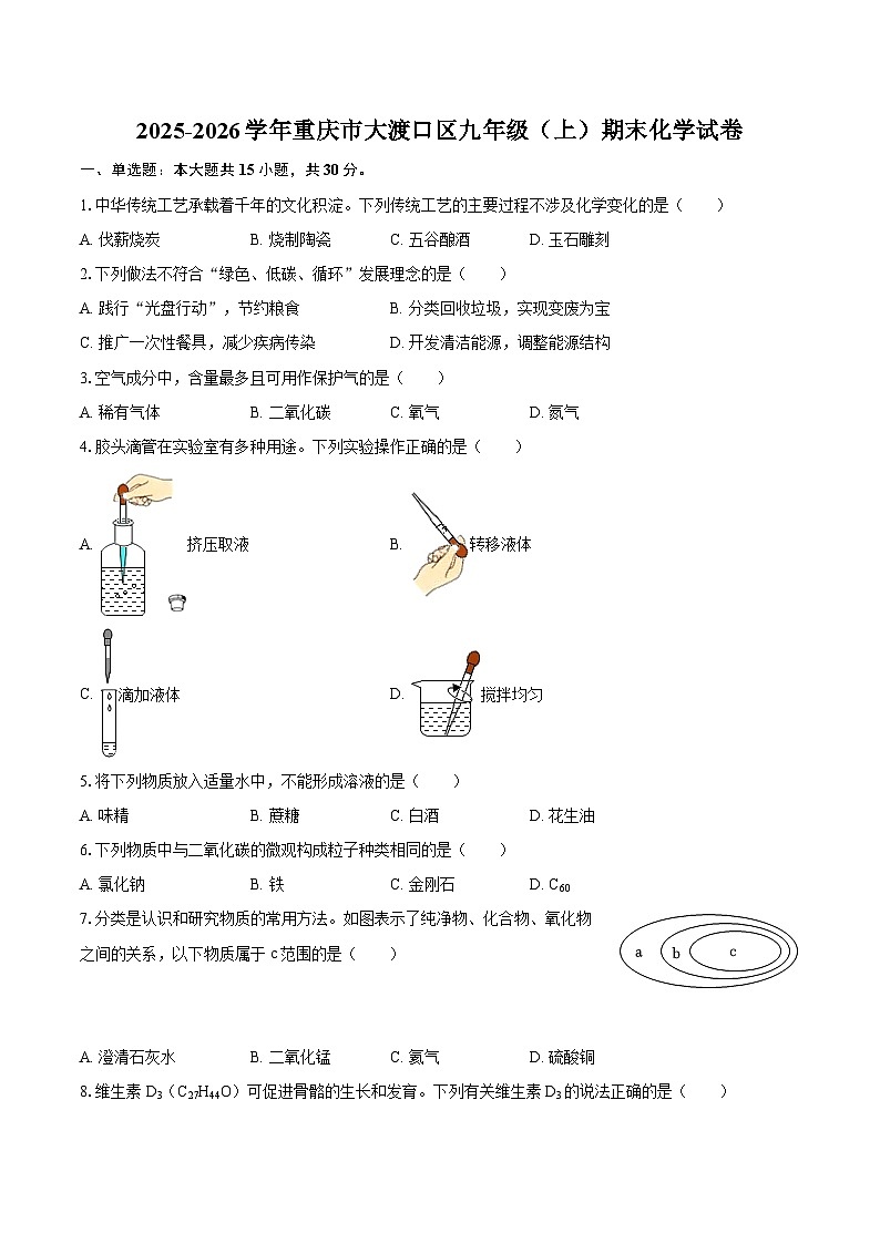 2025-2026学年重庆市大渡口区九年级（上）期末化学试卷-自定义类型第1页