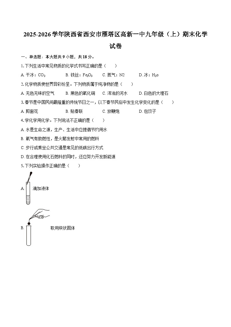 2025-2026学年陕西省西安市雁塔区高新一中九年级（上）期末化学试卷-自定义类型第1页