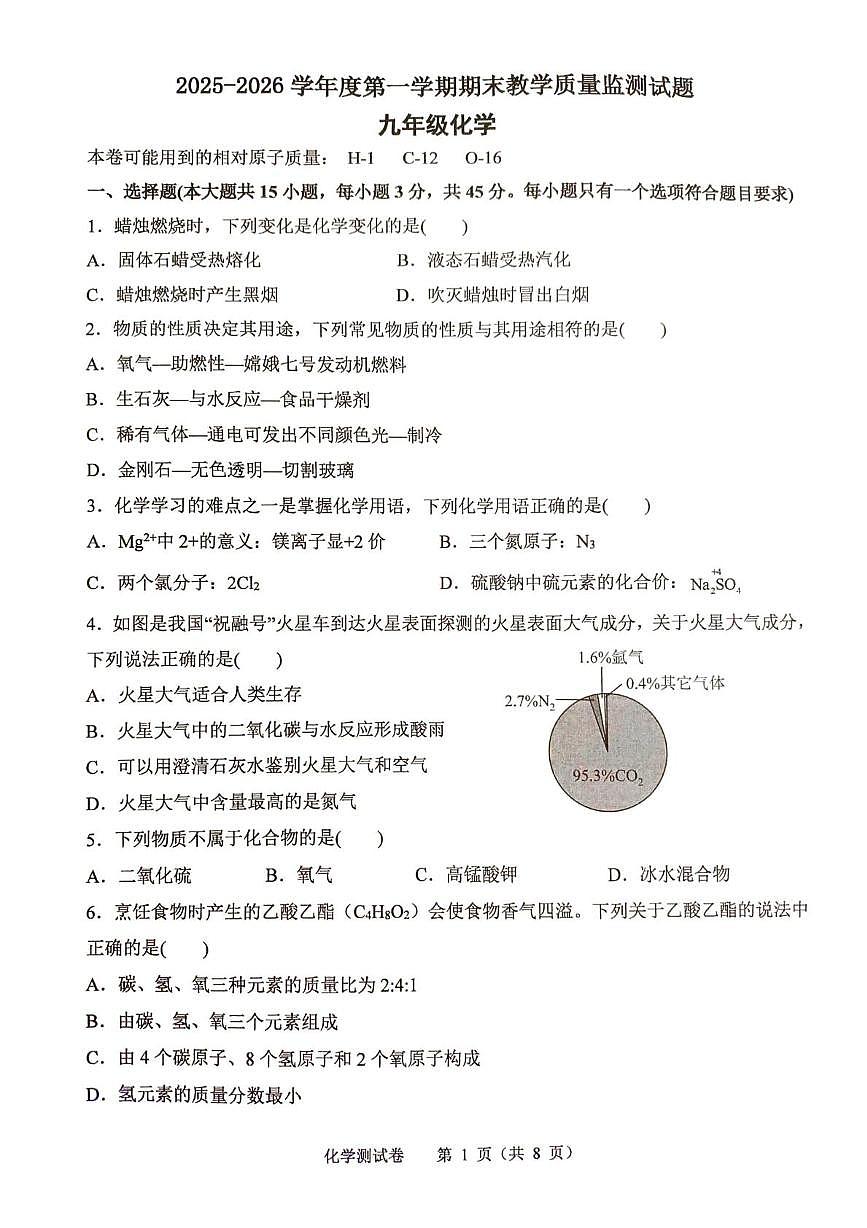 广东省廉江市第八中学2025-2026学年九年级上学期期末考试化学试题第1页