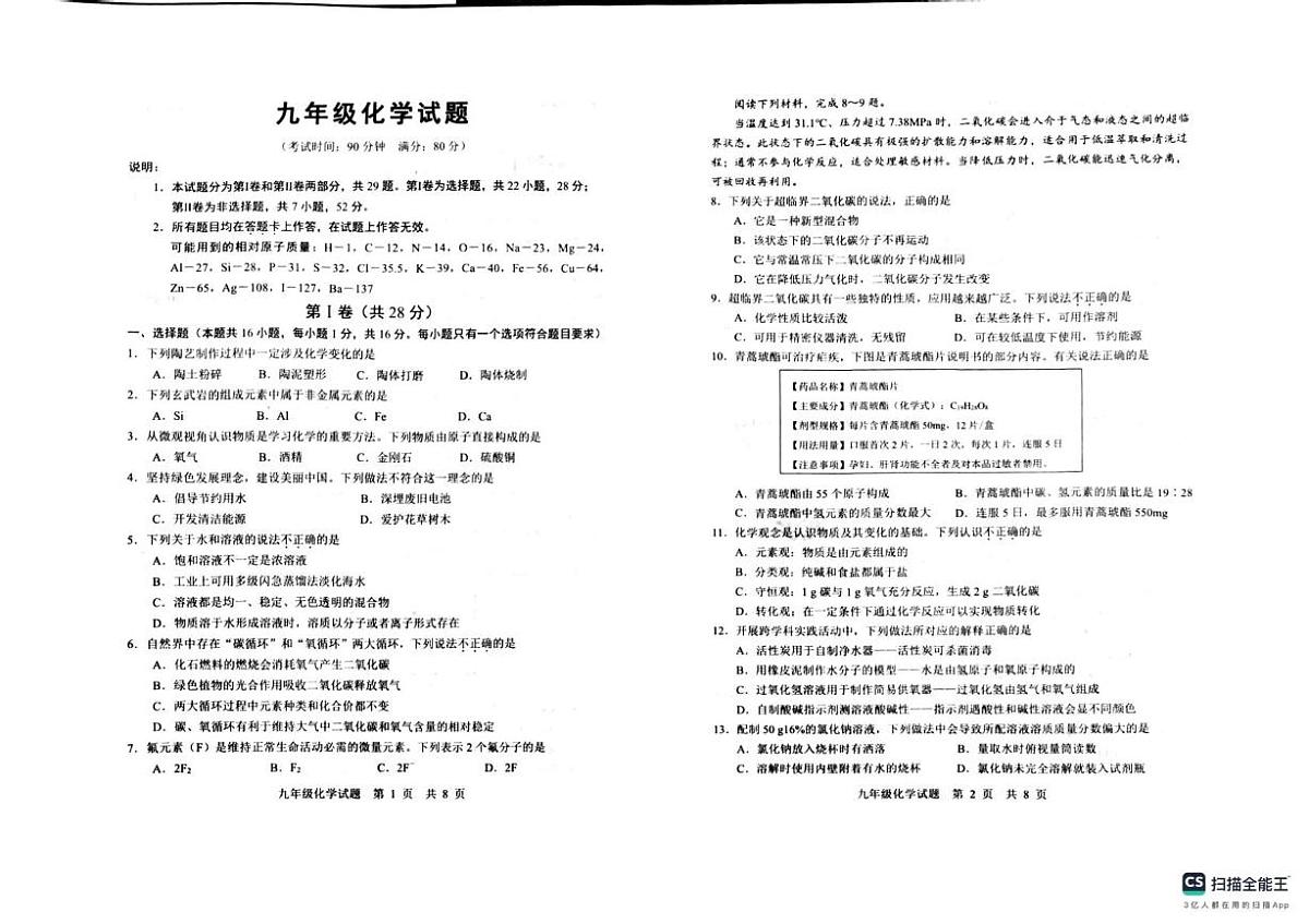 山东省青岛市城阳区2025-2026学年九年级上学期1月期末化学试题第1页
