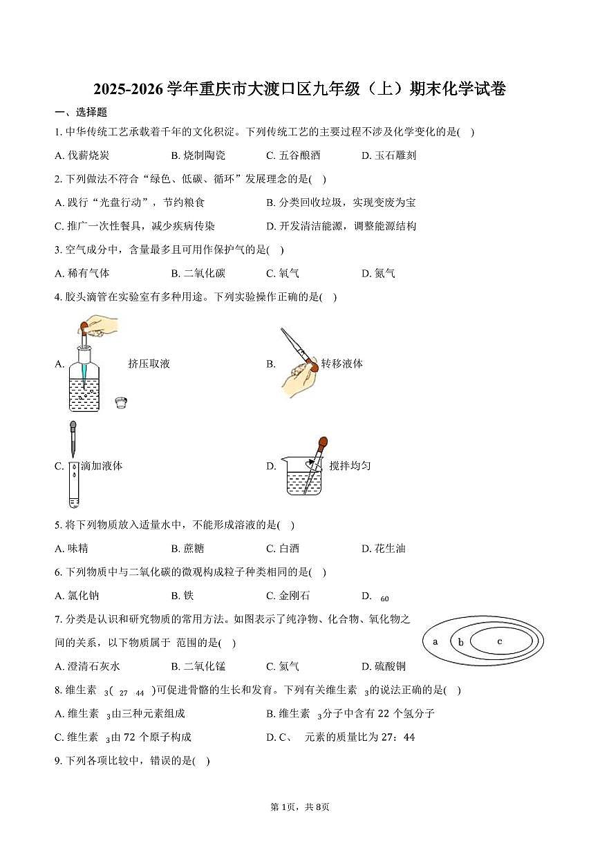2025-2026学年重庆市大渡口区九年级（上）期末化学试卷（含答案）第1页