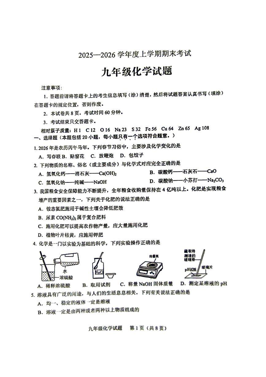 山东省泰安市肥城市2-25-2026学年上学期九年级化学期末试题无答案第1页
