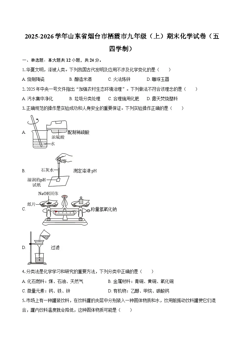 2025-2026学年山东省烟台市栖霞市九年级（上）期末化学试卷（五四学制）-自定义类型第1页