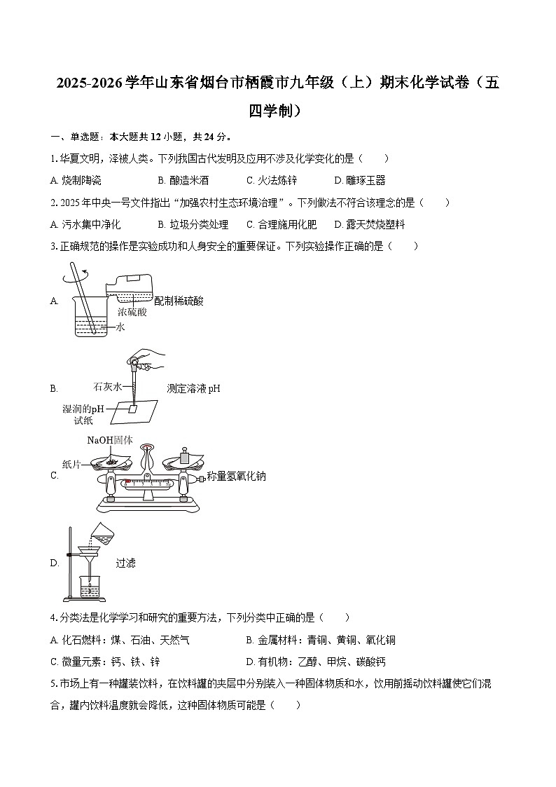 2025-2026学年山东省烟台市栖霞市九年级（上）期末化学试卷（五四学制）-自定义类型第1页