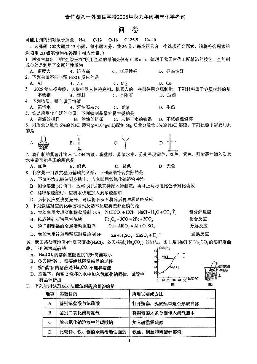 湖南省长沙市开福区青竹湖湘一外国语学校2025-2026学年九年级上学期1月期末考试化学试题第1页