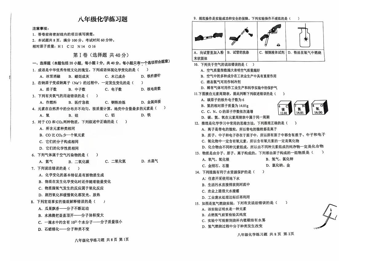 山东省泰安市岱岳区2025-2026学年八年级上学期1月期末化学试题第1页