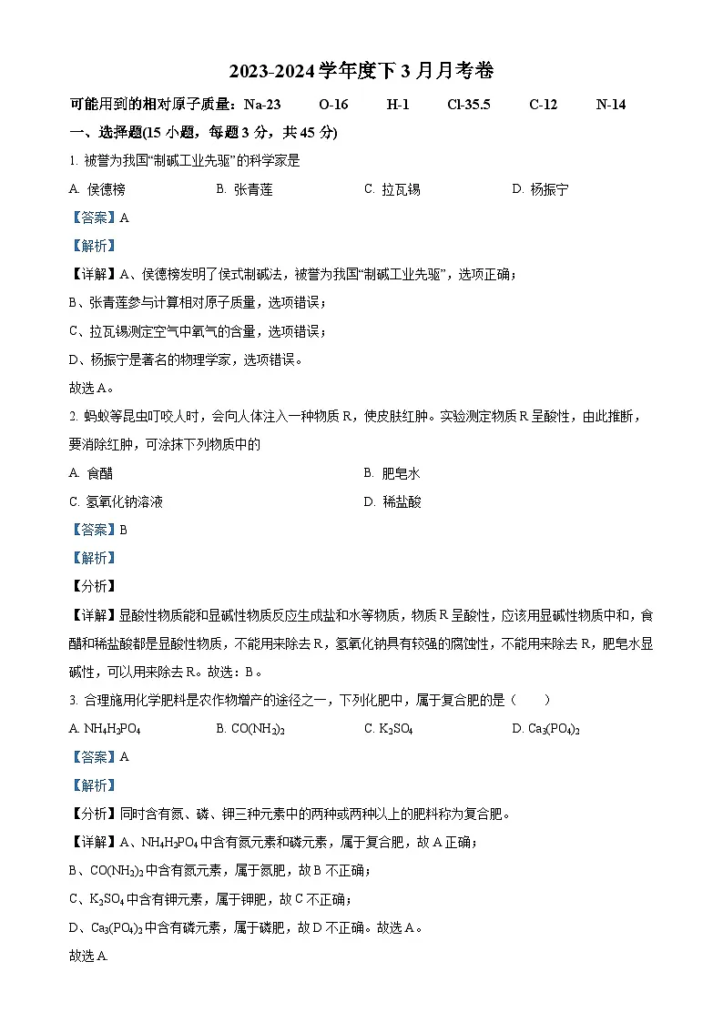 广东省江门市培英初级中学九年级下学期3月月考化学试题（解析版）-A4第1页