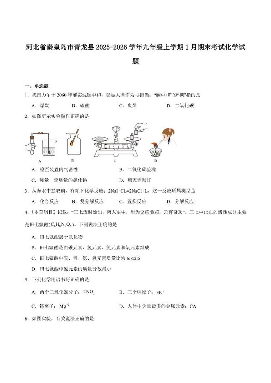 2025-2026学年河北省秦皇岛市青龙满族自治县九年级上学期期末考试化学试卷（含答案）第1页