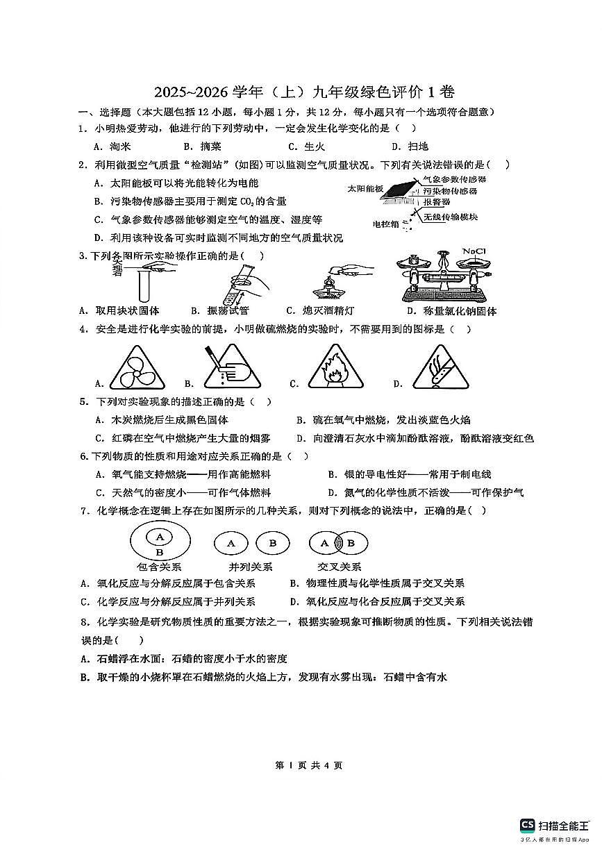 安徽省阜阳市部分学校2025-2026学年九年级上学期学期自测化学试卷第1页