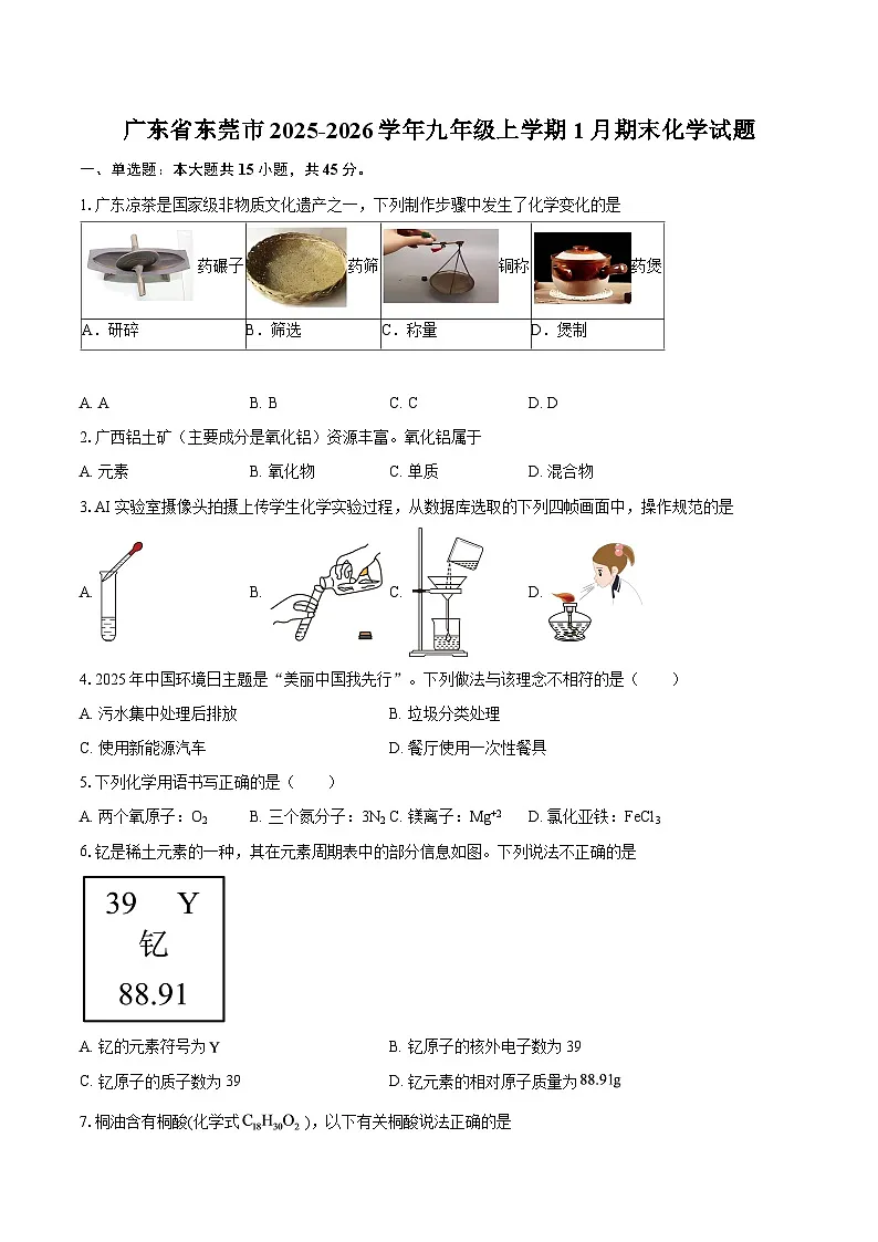 广东省东莞市2025-2026学年九年级上学期1月期末化学试题-自定义类型第1页