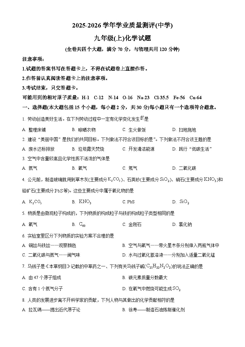 重庆市龙坡区2025-2026学年九年级上学期期末考试化学试卷（有解析）第1页