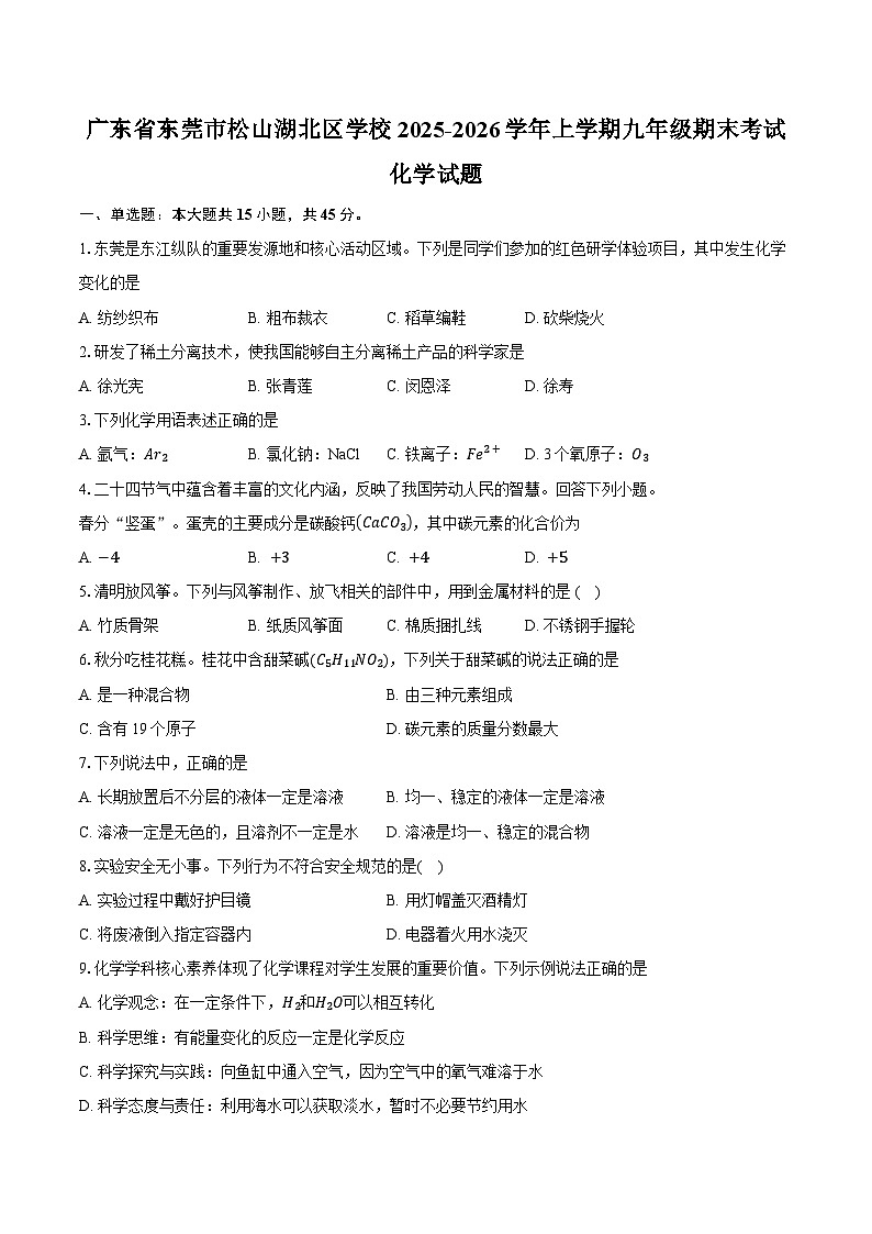 广东省东莞市松山湖北区学校2025-2026学年上学期九年级期末考试化学试题-普通用卷第1页