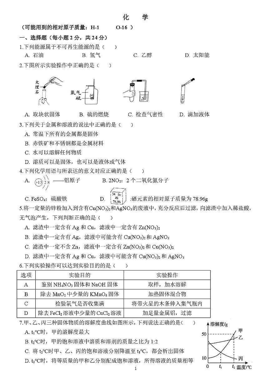 河北省邯郸市育华中学北校区2025-2026学年九年级上学期期末考试化学卷第1页