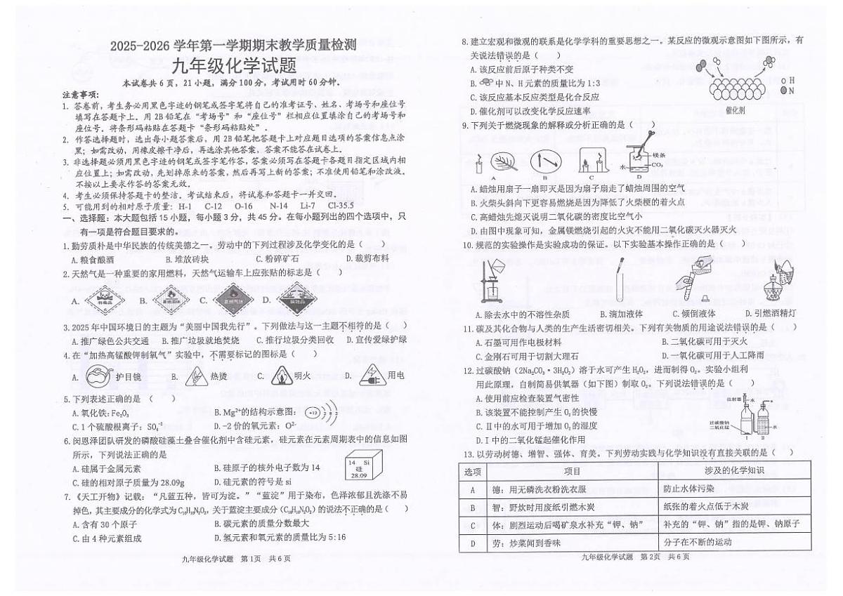 2025-2026学年广东省河源市连平县九年级上学期1月期末化学_(含答案_)试题第1页