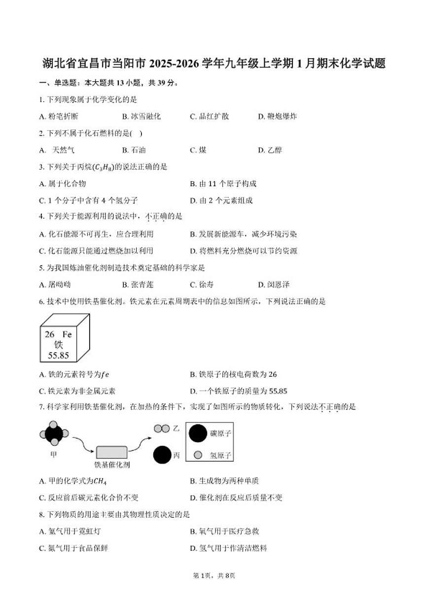 2025-2026学年湖北省宜昌市当阳市九年级上学期1月期末化学试卷（含答案）第1页