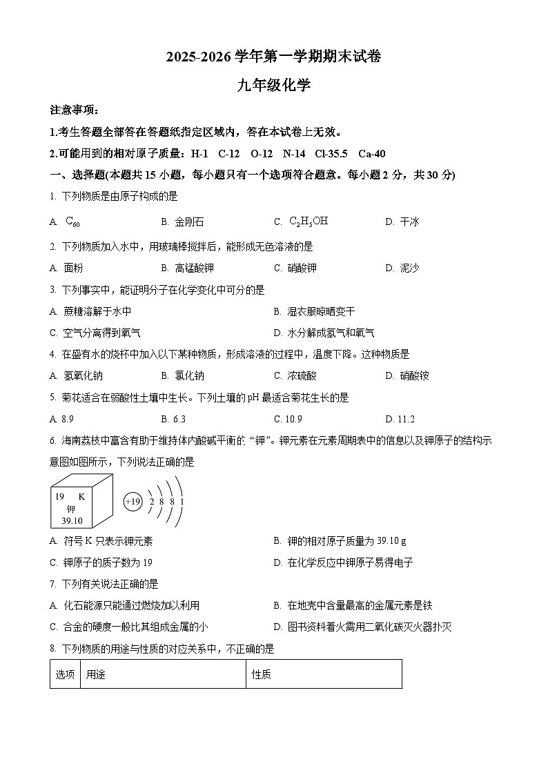 江苏省南京市玄武区2025-2026学年九年级上学期期末化学试卷（有解析）第1页