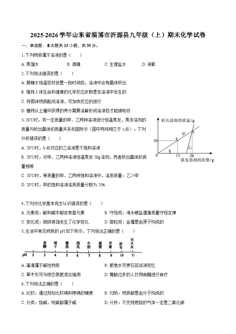 2025-2026学年山东省淄博市沂源县九年级（上）期末化学试卷-自定义类型第1页
