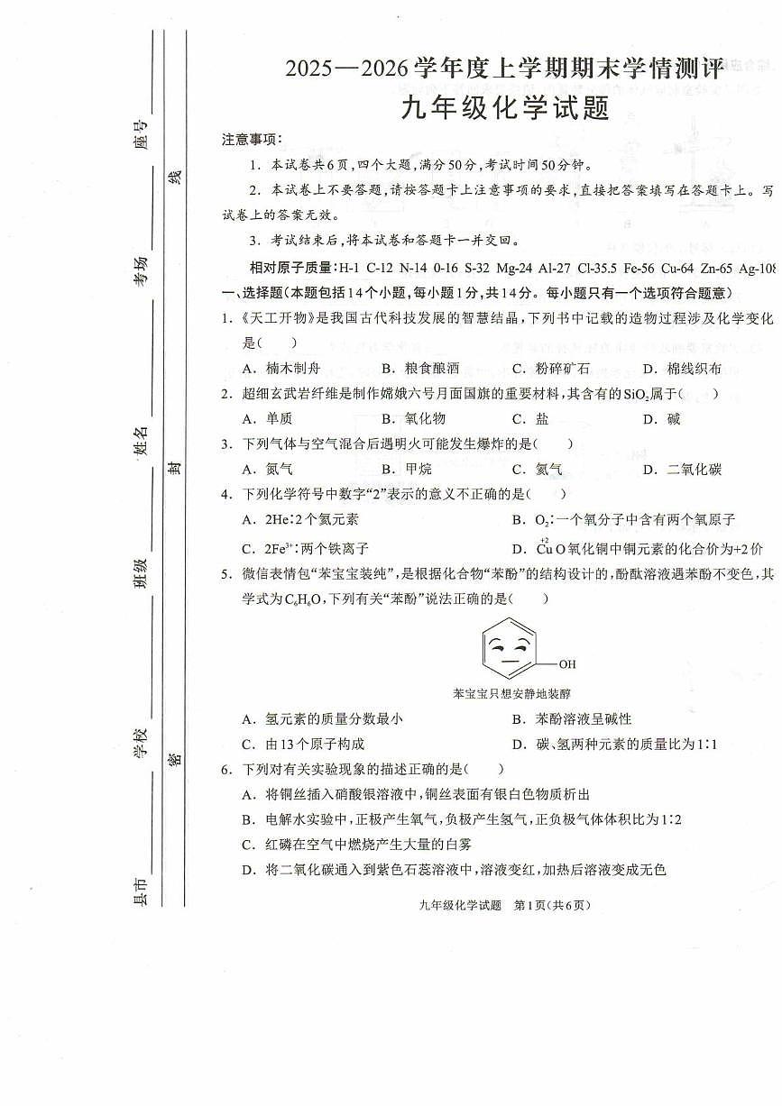 河南省驻马店市平舆县2025-2026学年九年级上学期2月期末考试化学试题第1页