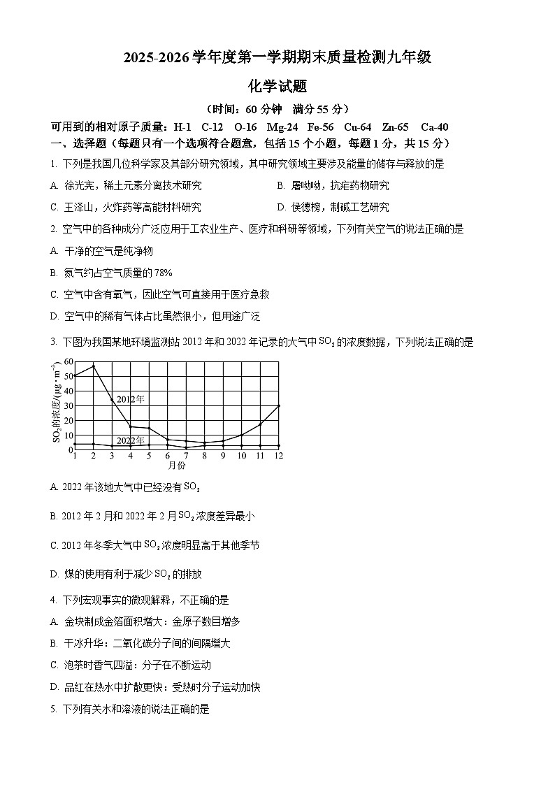 山东省德州市乐陵市2025--2026学年九年级上学期期末质量检测化学试题（原卷+解析）第1页