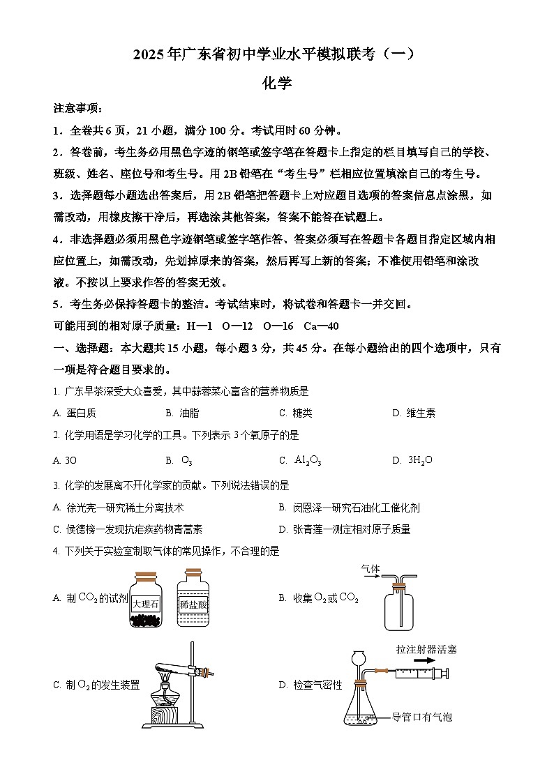 2025年广东省东莞市松山湖莞美学校中考一模化学试题（原卷版）-A4第1页