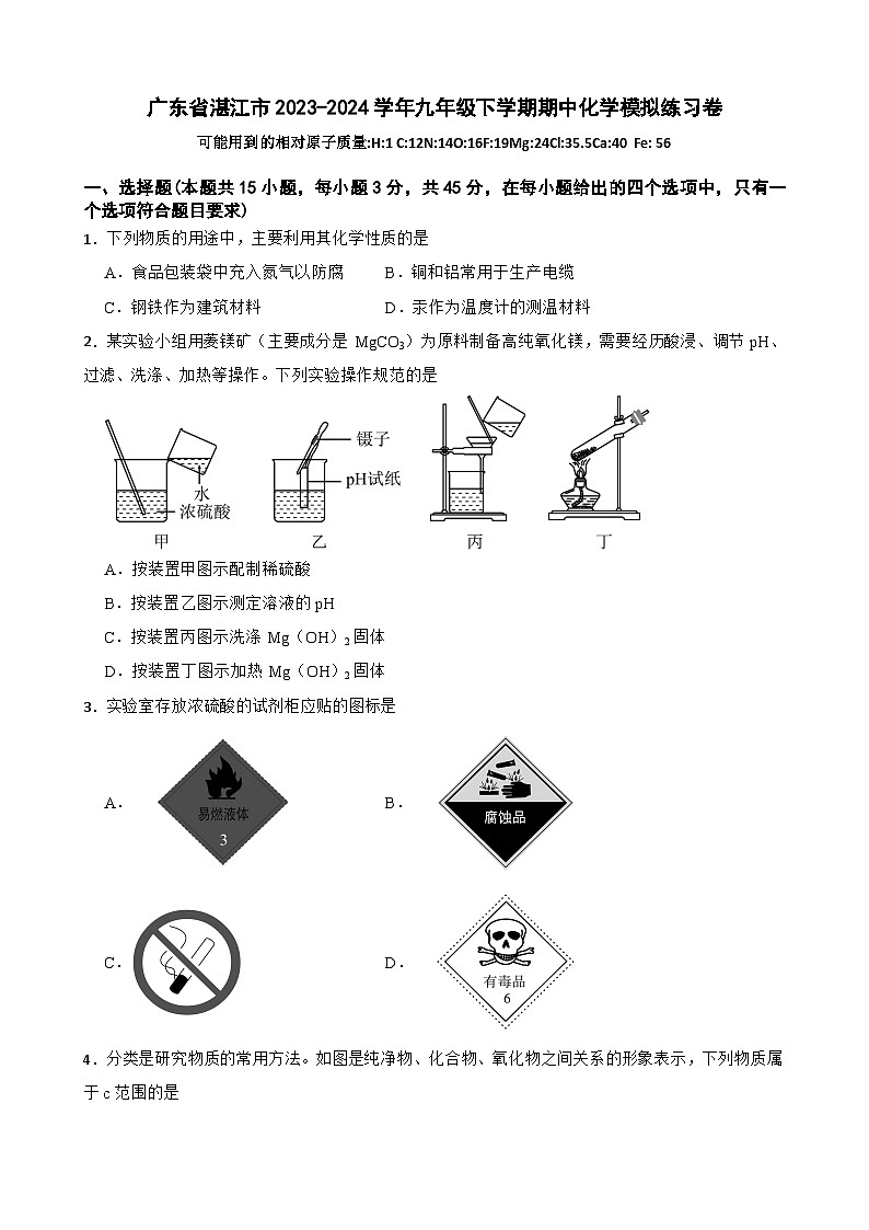 广东省湛江市九年级下学期期中化学模拟练习卷-A4第1页