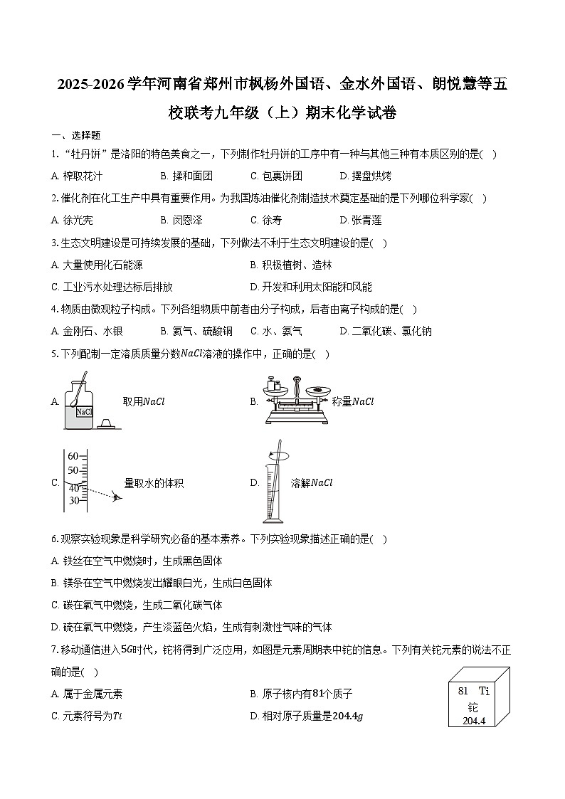 2025-2026学年河南省郑州市枫杨外国语、金水外国语、朗悦慧等五校联考九年级（上）期末化学试卷（含答案）第1页