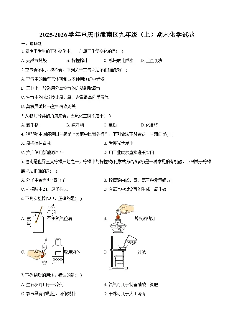 2025-2026学年重庆市潼南区九年级（上）期末化学试卷（含答案）第1页