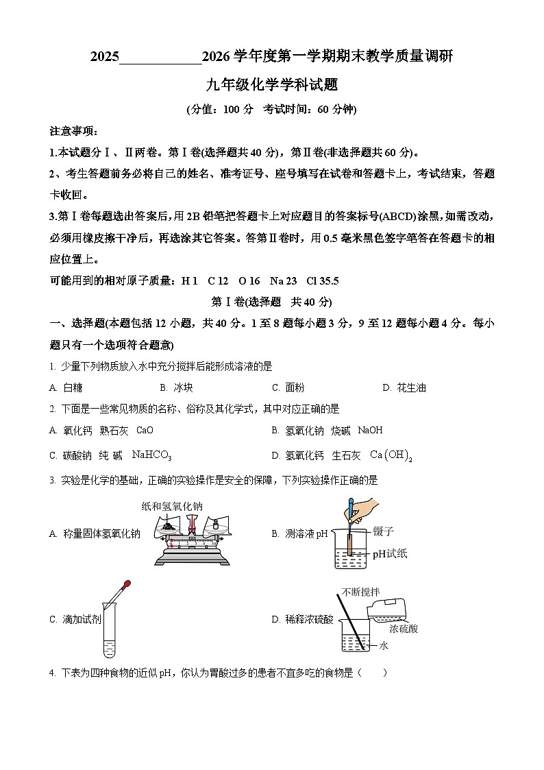 山东省东营市利津县2025-2026学年上学期期末考试九年级化学试题（原卷+解析）第1页