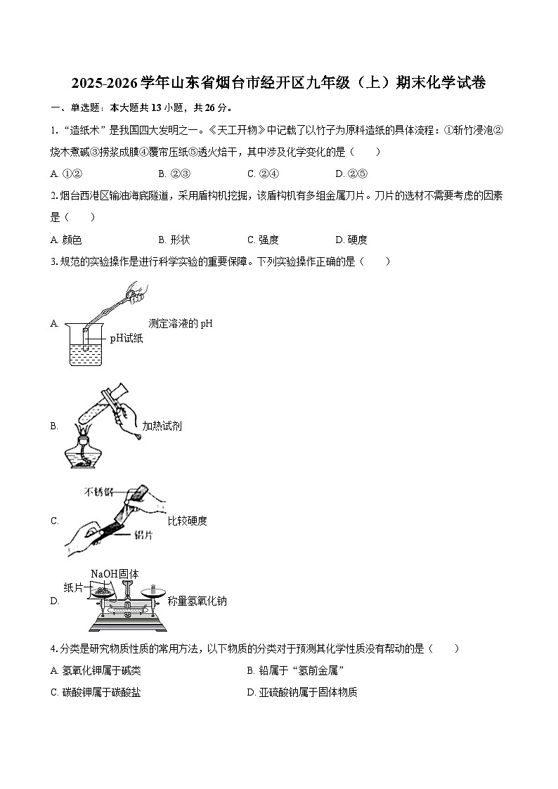 2025-2026学年山东省烟台市经开区九年级（上）期末化学试卷-自定义类型第1页