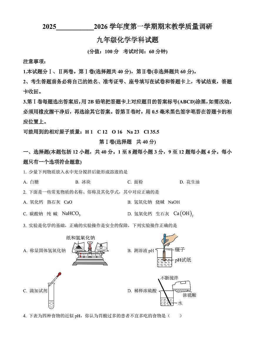 山东省东营市利津县2025-2026学年上学期期末考试九年级化学试题（原卷+解析）第1页