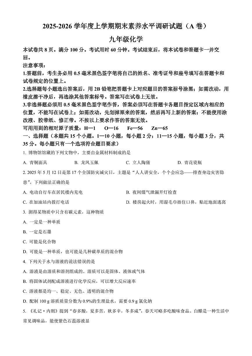 山东省临沂市罗庄区2025-2026学年九年级上学期期末素养水平调研试题化学试卷（原卷+解析）第1页