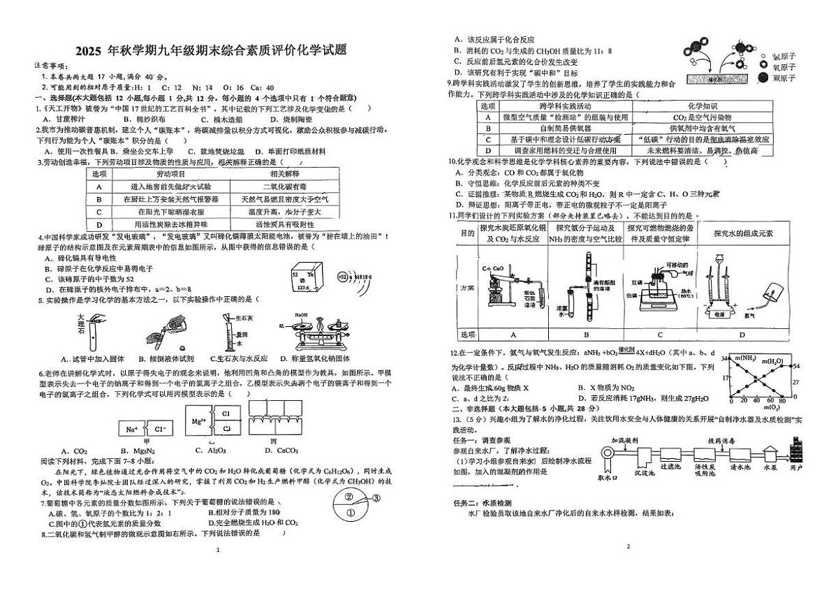 安徽省六安市第九中学2025-2026学年九年级上学期1月期末化学试题第1页