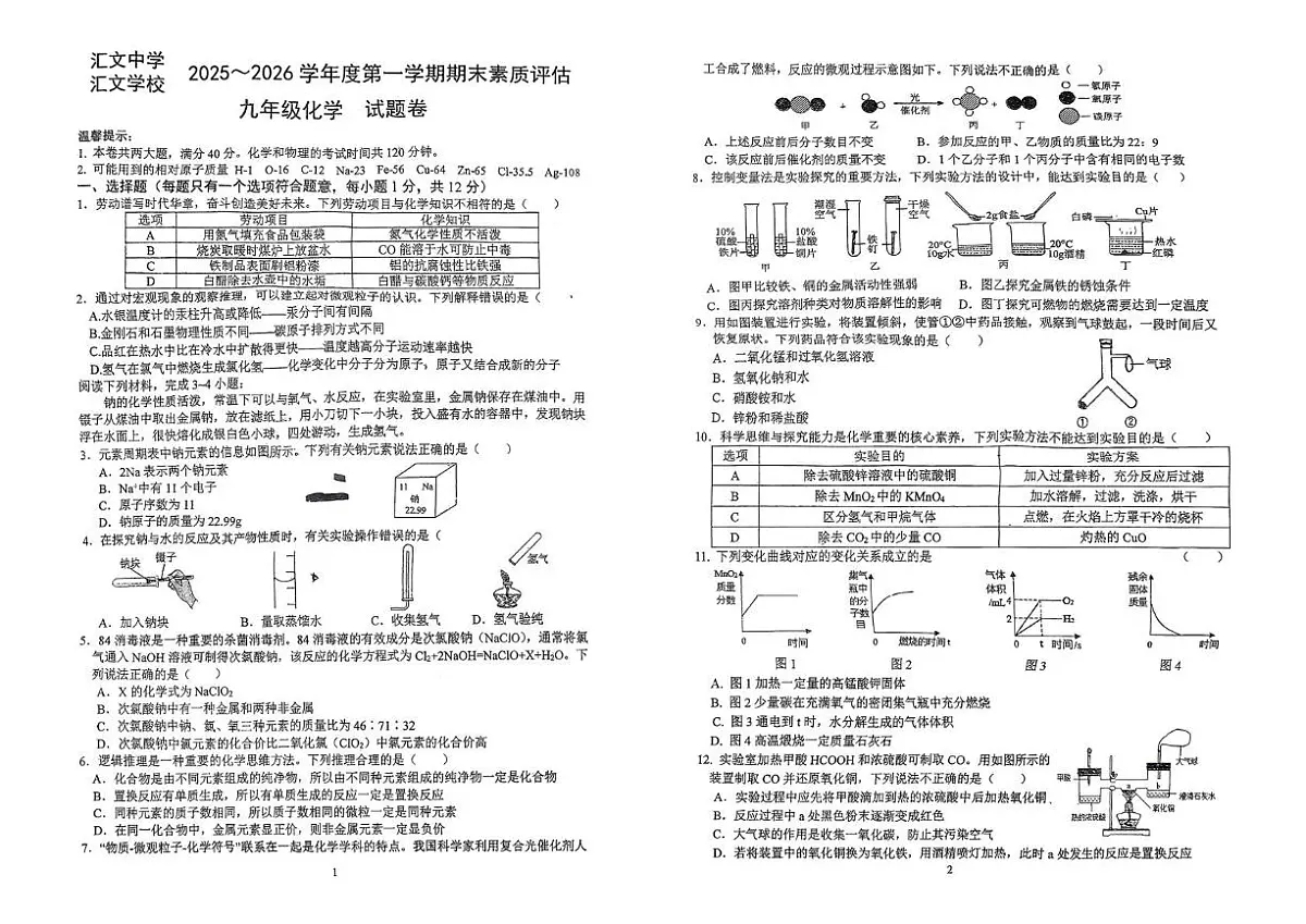 安徽省六安市金安区汇文中学2025-2026学年九年级上学期1月期末化学试题第1页